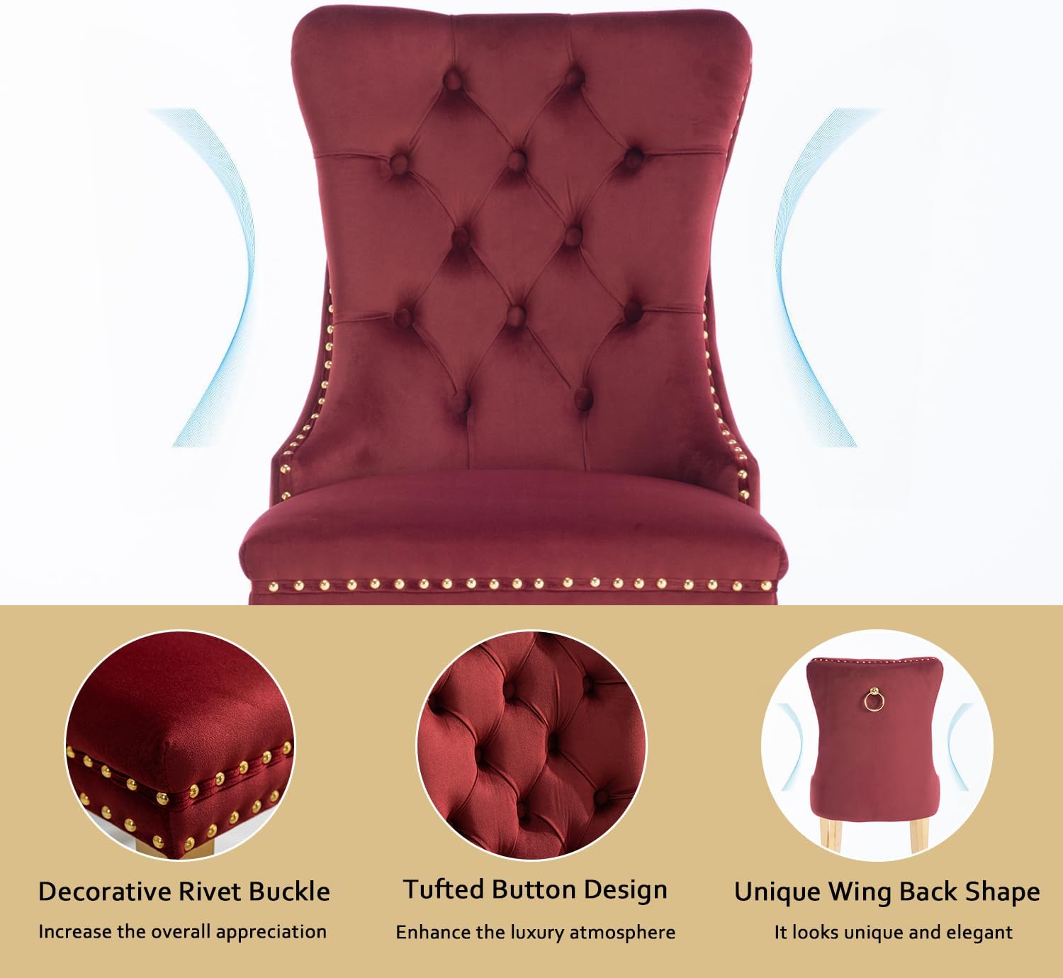 2 Piece Contemporary Velvet Upholstered Dining Chair with Chrome Stainless Steel Plating Legs, Nail Head Decro, Armless Tufted Dining Chair Fabric Dining Room Chair (Dark Red, Set of 2)