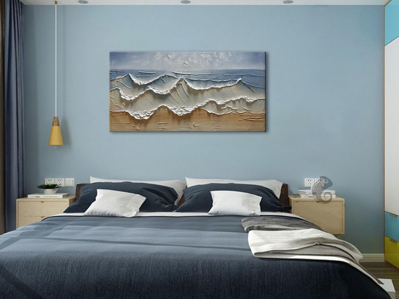 Slyart Abstract Blue Ocean Wave Wall Art, Textured Oil Painting on Canvas Relief Wall Art, 24' x 48' Abstract Modern Sea Artwork Wall, Neutral Wall Decor