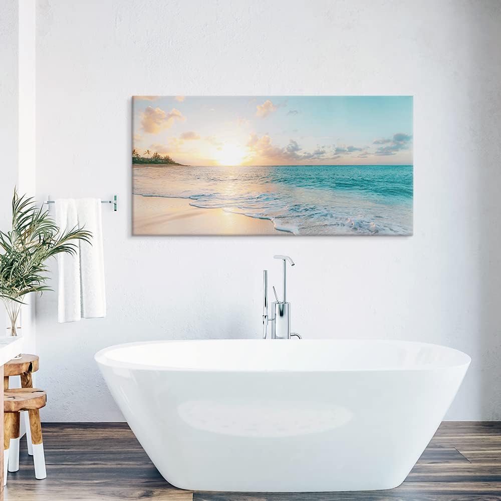 Goldfoilart Large Beach Sunset Canvas Wall Art for Living Room Blue Sea Prints Romantic Ocean Waves Pictures Painting Bedroom Home Office Wall Decor Ready to Hang 24x48Inch