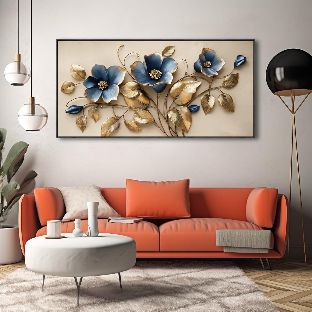 Solid wood Framed blue 3D Flowers Wall Art for Bedroom Home Decor Artwork for Wall Blue Abstract Background Golden leaf Wall Decor Canvas Print Office Living Room Decor Ready to Hang 29x48inch