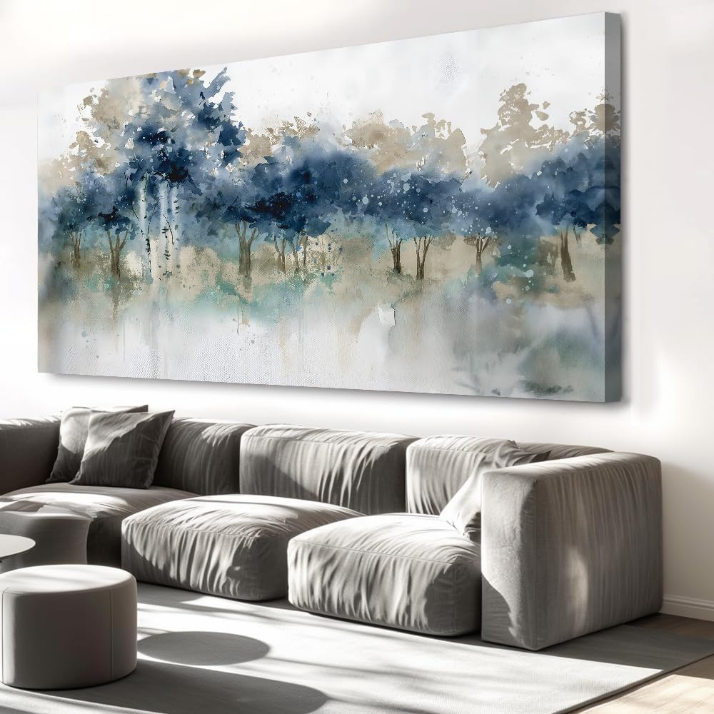 Wall Art Landscape Modern Wall Decor Canvas Painting Blue Ink Wall Art Large Artwork for Living Room Bedroom Office Home Decor 71'x36' with Framed