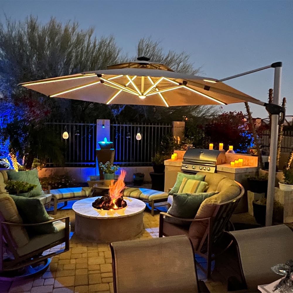 PURPLE LEAF 12ft Solar powered LED Patio Umbrella Outdoor Round Umbrellas Large Cantilever Umbrellas with LED lights Windproof Offset Umbrella Heavy Duty Sun Umbrella for Garden Deck Pool Patio, Beige