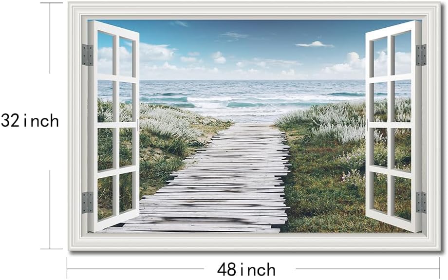 Ocean Canvas Wall Art Decor for Living Room Beach Flowers Path Pictures for Bedroom White Fake Window Frame Style Seascape Painting Extra Large Blue Coastal Landscape Art Print Hone Office Kitchen Basement Decorations 32' x 48'inch