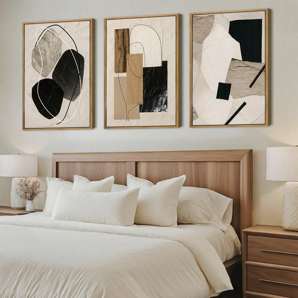 Large Abstract Paintings Framed Neutral Canvas Prints Mid Century Modern Wall Art Abstract Wall Decor Neutral Wall Pictures Elegant Modern Paintings for Living Room Bedroom Bathroom Office 36x24 Inch 3 Piece