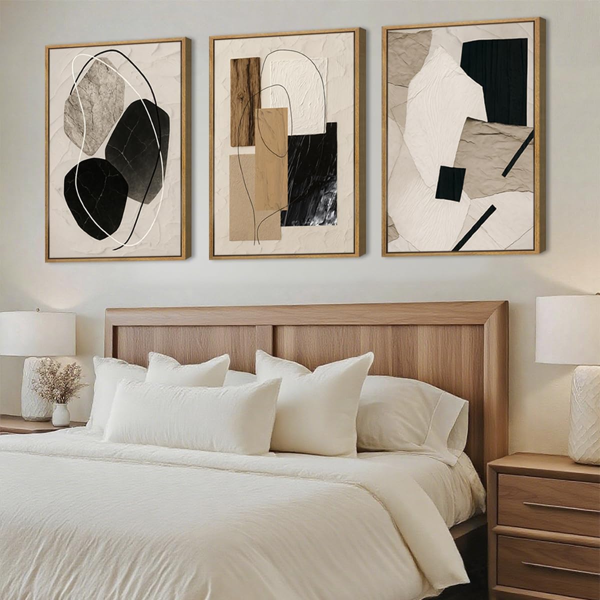 Large Abstract Paintings Framed Neutral Canvas Prints Mid Century Modern Wall Art Abstract Wall Decor Neutral Wall Pictures Elegant Modern Paintings for Living Room Bedroom Bathroom Office 36x24 Inch 3 Piece