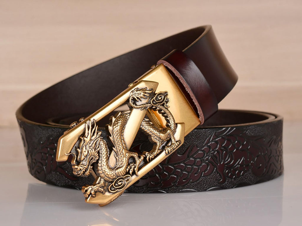 Mens Ratchet Leather Belt, Genuine Leather belts, Engraved Vintage Dragon Eagle Tiger Buckle, Business leisure belt