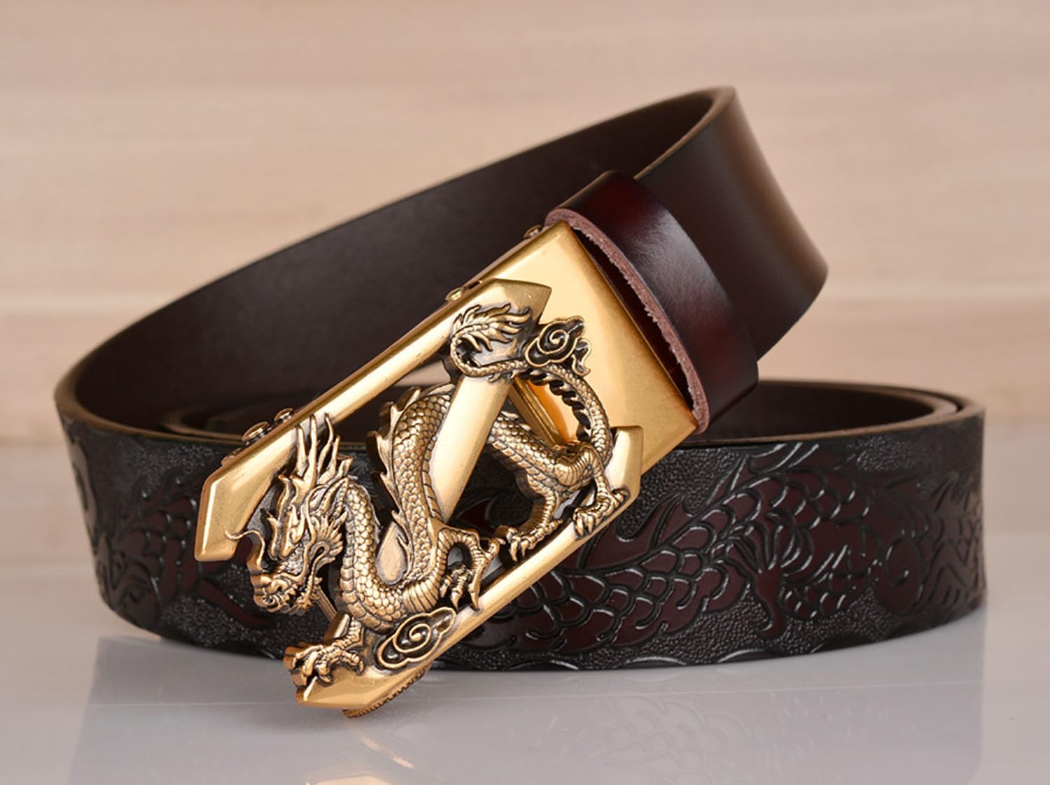 Mens Ratchet Leather Belt, Genuine Leather belts, Engraved Vintage Dragon Eagle Tiger Buckle, Business leisure belt