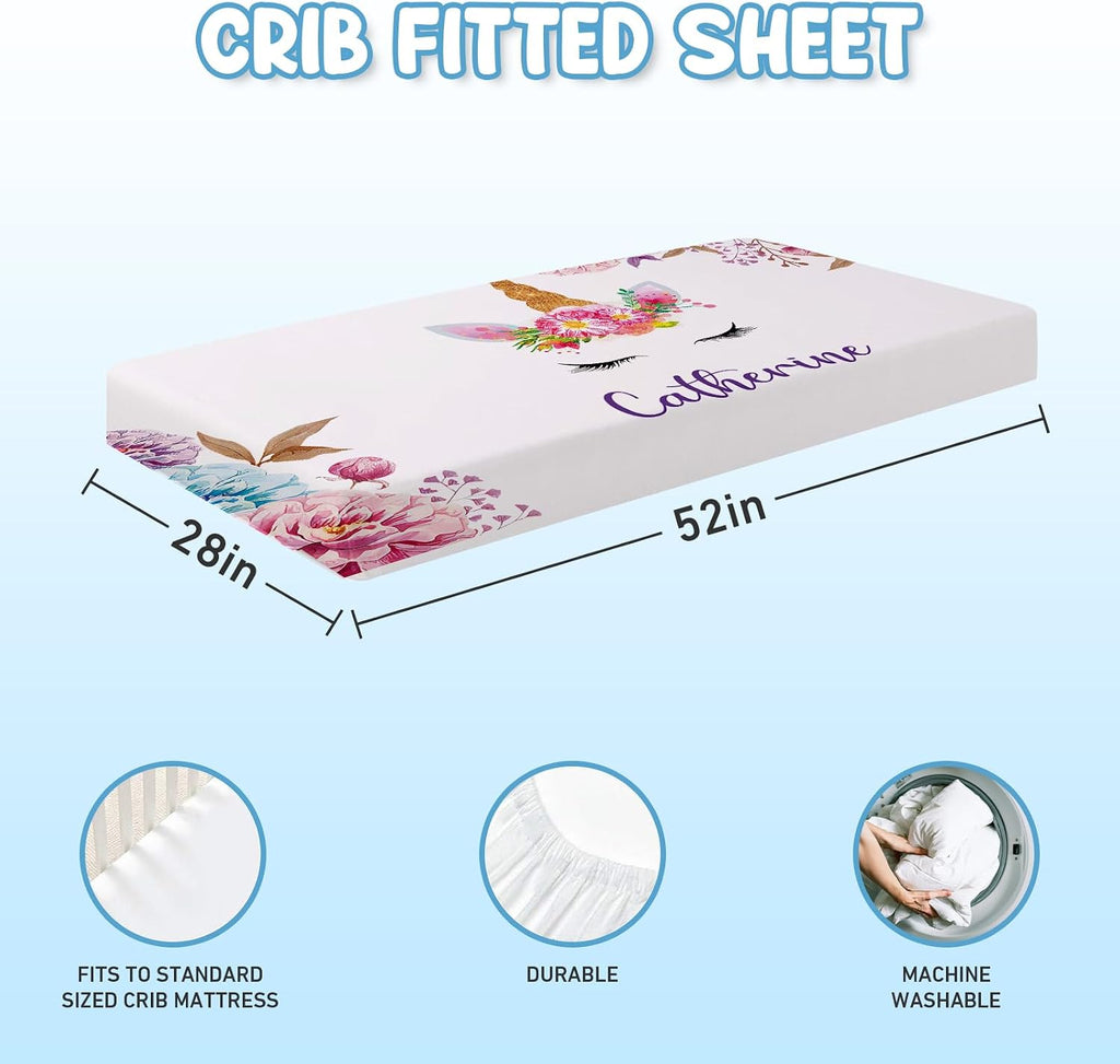 Dyoart Personalized Baby Crib Bedding Set - 5 Piece Custom Baby Crib Sets with Name, Nursery Bedding Set for Baby Girls Crib Unicorn Design Gift Idea Double Layer Blanket Set(Fixed Size)
