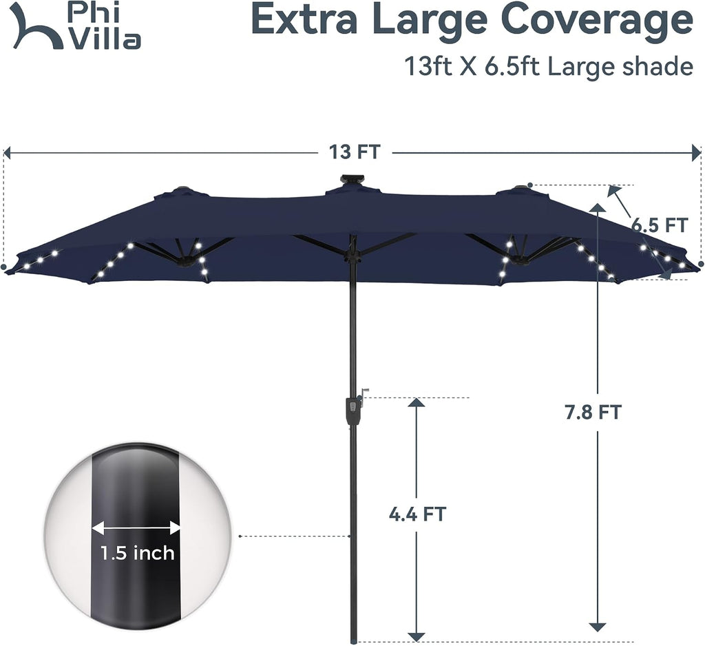 PHI VILLA 13ft Patio Umbrella with Solar-Powered 120 PCS LED Color-Changing Lights, Triple-Head Large Rectangle Umbrella Outdoor Patio for Table with Crank Lift,Navy Blue(No Base)