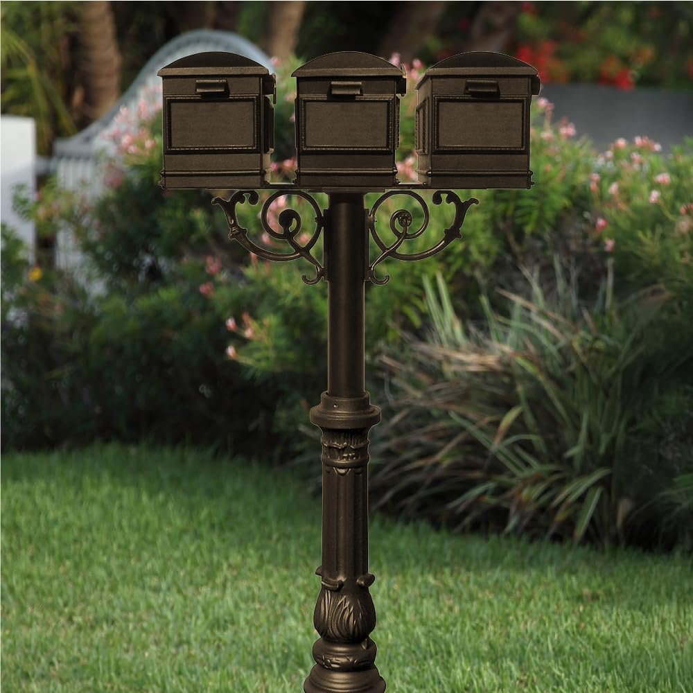 HPWS3-700-LM-BRZ Hanford Rust Free Cast Aluminum Triple Post System with Ornate Base, 3 Lewiston Mailboxes, 19.75' D x 28' W x 67.25' H, Bronze