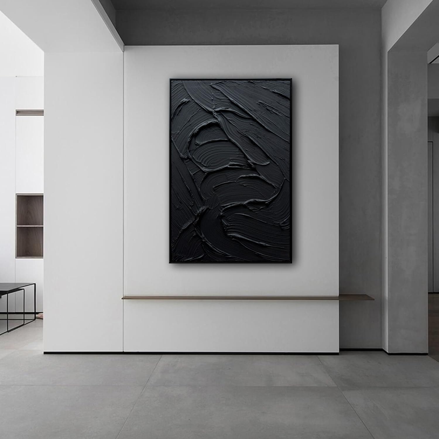 Slyart Framed Black Textured Wall Art, Hand Painted Contemporary Abstract Oil Painting, Framed Thick Texture Vertical Canvas Wall Art 24x36 Inch