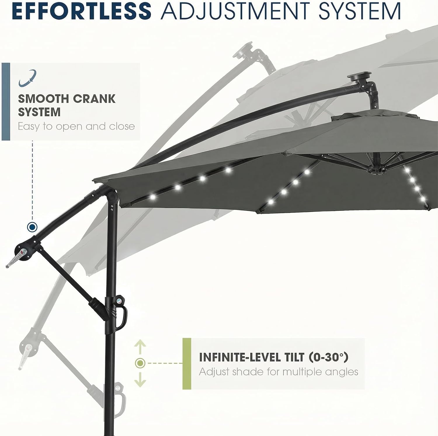 wikiwiki 10ft Solar LED Patio Umbrella with Base Included, Offset Umbrella with Weighted Sandbag Base, Cantilever Patio Umbrella for Backyard, Garden & Deck, 32 LED Lights & Polyester Shade, Dark Gray