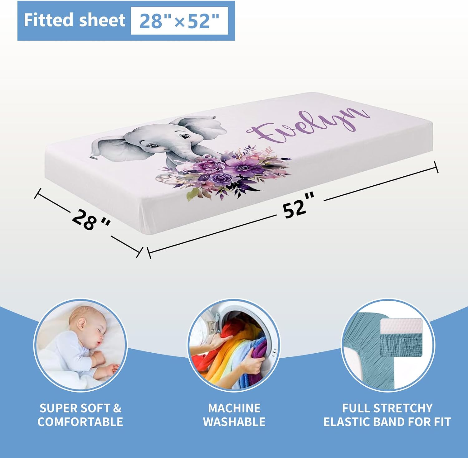KAINSY Personalized Baby Crib Bedding Set, 5 Pcs Custom Baby Bedding Set with Name, Double Layer Baby Elephant Crib Set for Girls, Soft Flannel Nursery Bedding Set, Toddlers Infants New Parents Gift