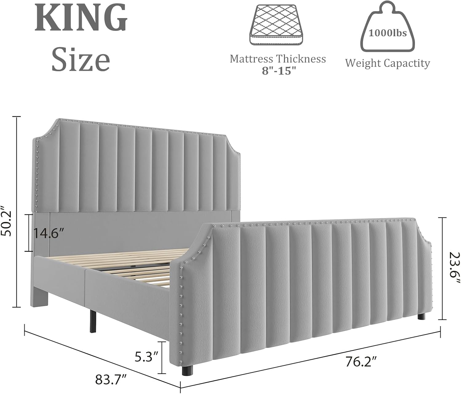 King Size Bed Frame, Platform Bed Frame with Velvet Upholstered 50.2'' Headboard, Rivet Decoration, Strong Wooden Slats, No Box Spring Needed, Easy Assembly, Grey