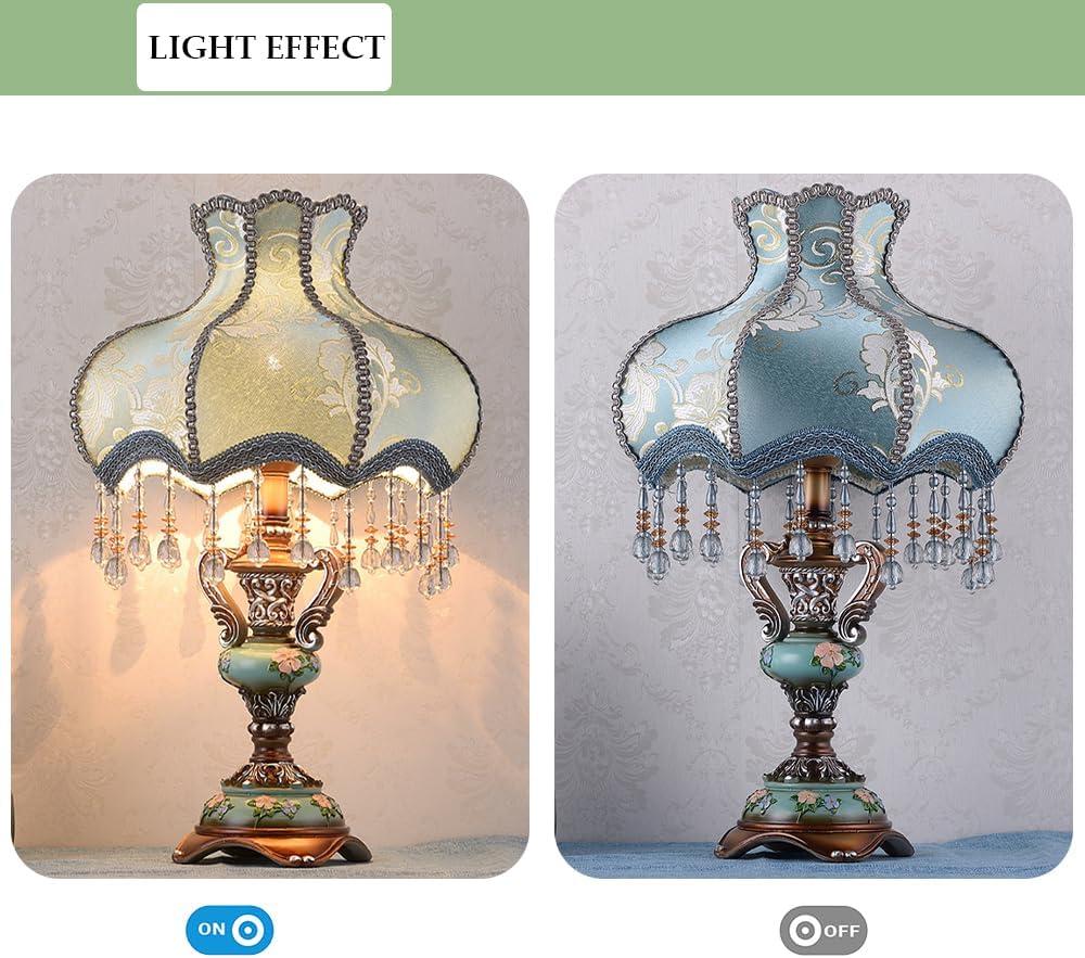 Lovely Table Lamp with Fabric Lampshade, Antique Flower Decorative Bedside Desk Lamp, Crystal Night Light for Bedroom Nightstand, Blue Finish