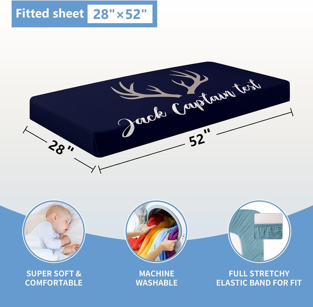 KAINSY Personalized Baby Bedding Set, 5 Pcs Custom Name Crib Bedding Set, Double Layer Blue Nursery Bedding Set for Baby Boys, Woodland Deer Baby Crib Set, Gifts for Toddlers Infants New Parents