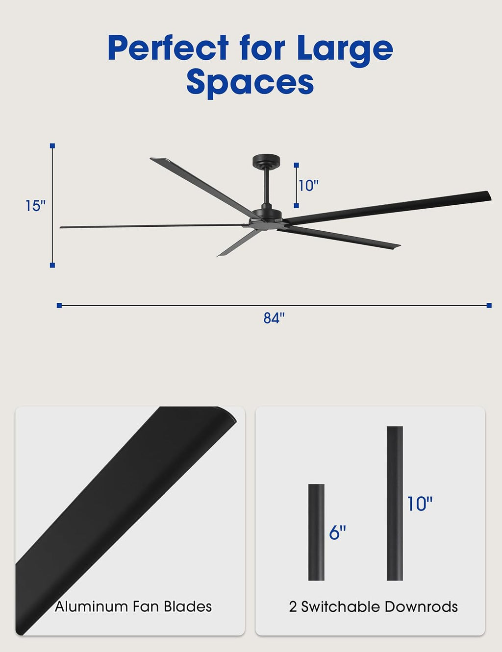 Waterproof Outdoor Ceiling Fans, 84' Industrial Black Ceiling Fans without Lights, Large DC Motor Ceiling Fan No Light with Reversible Aluminum Blade, Wet-rated Fan for Patio Gazebo Porch Living Room