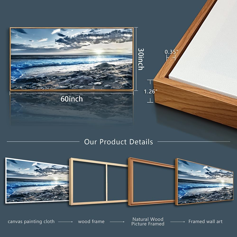 Wood Framed Wall Art For Living Room Large Size Wall Decor For Office Modern Bedroom Wall Decor Blue Beach Sun Ocean Landscape Wall Paintings Seascape Framed Pictures Artwork Home Decor 30' X 60'