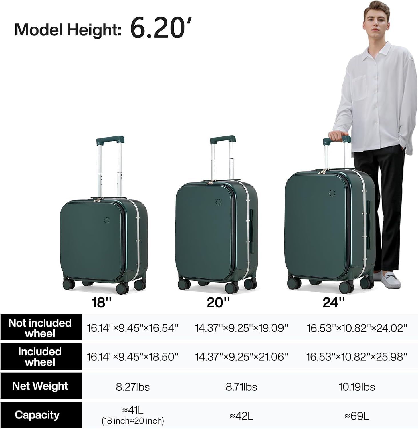 mixi Luggage Suitcase with Spinner Wheels, 24'' Checked Travel Luggage Aluminum Frame PC Hardside with TSA Lock & Cover - Blackish Green