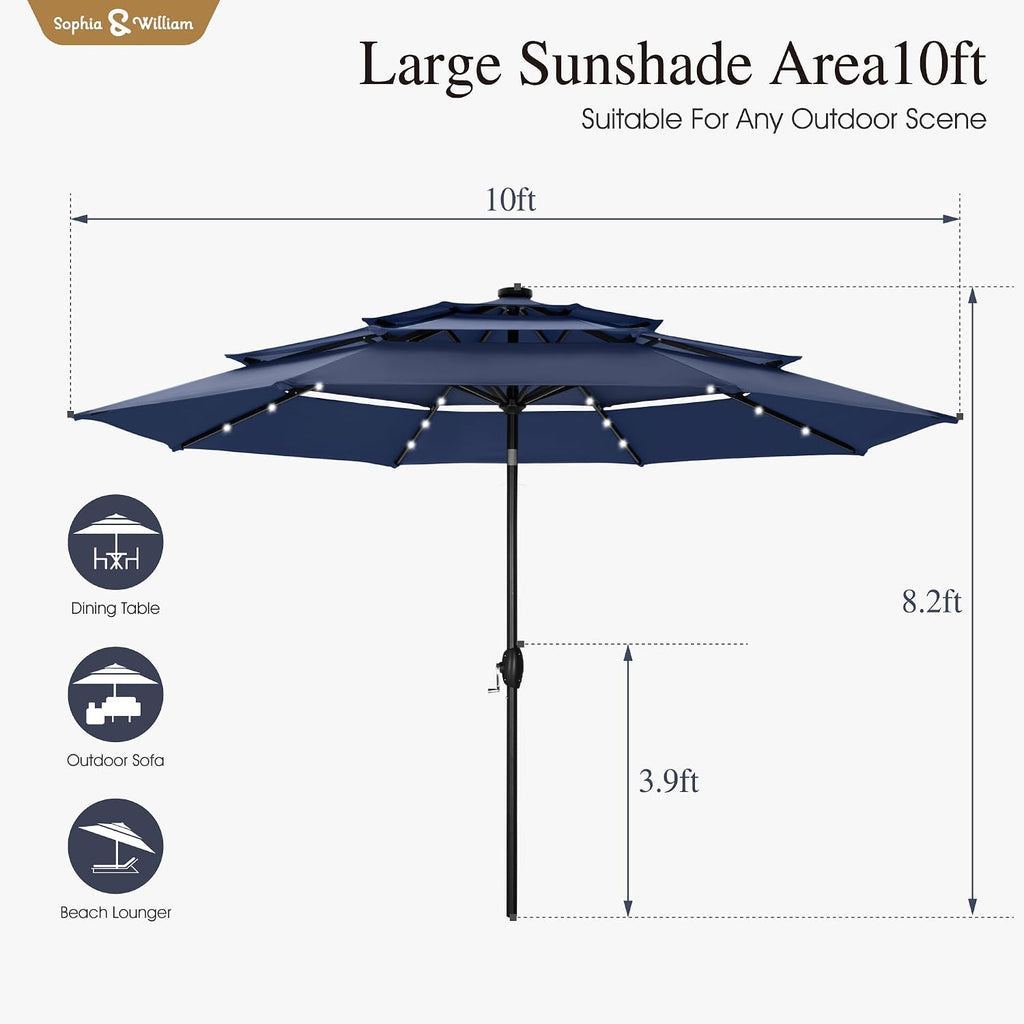 Sophia & William 10ft Patio Umbrellas 3-Tier Umbrella Outdoor Patio Umbrellas with Lights Vented Top 24 LED lights Adjustable Tilt for Pool Garden Backyard, Navy