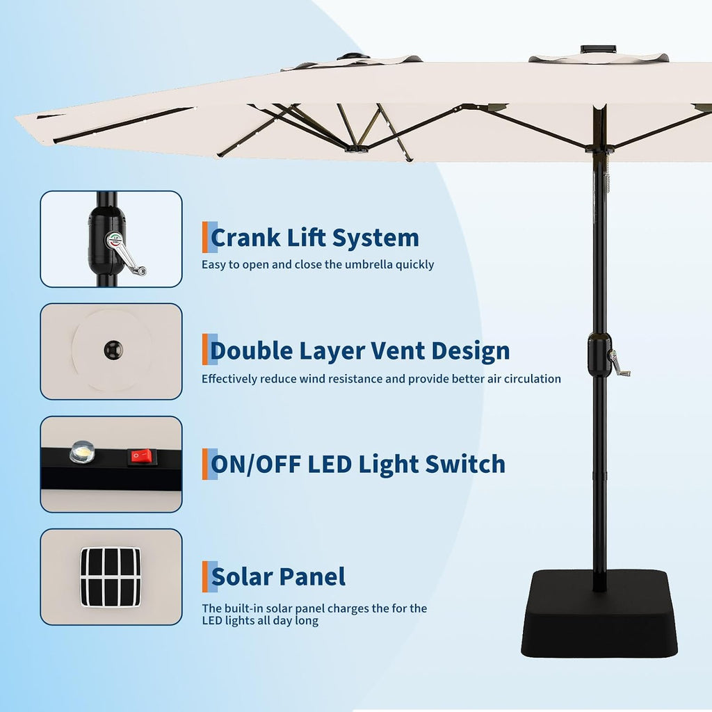 Garvee 15 ft Rectangular Patio Umbrella with Solar Lights & Base Included - Large Patio Umbrella with Crank Handle, UV Protection for Outdoor Market, Backyard, Pool - Beige