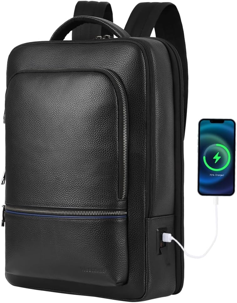Full Grain Genuine Leather Backpack for Men Multi-Functional 15.6' Laptop Backpack with USB Charging, Black Business Travel Backpack Work Rucksack Daypack