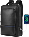 Full Grain Genuine Leather Backpack for Men Multi-Functional 15.6' Laptop Backpack with USB Charging, Black Business Travel Backpack Work Rucksack Daypack