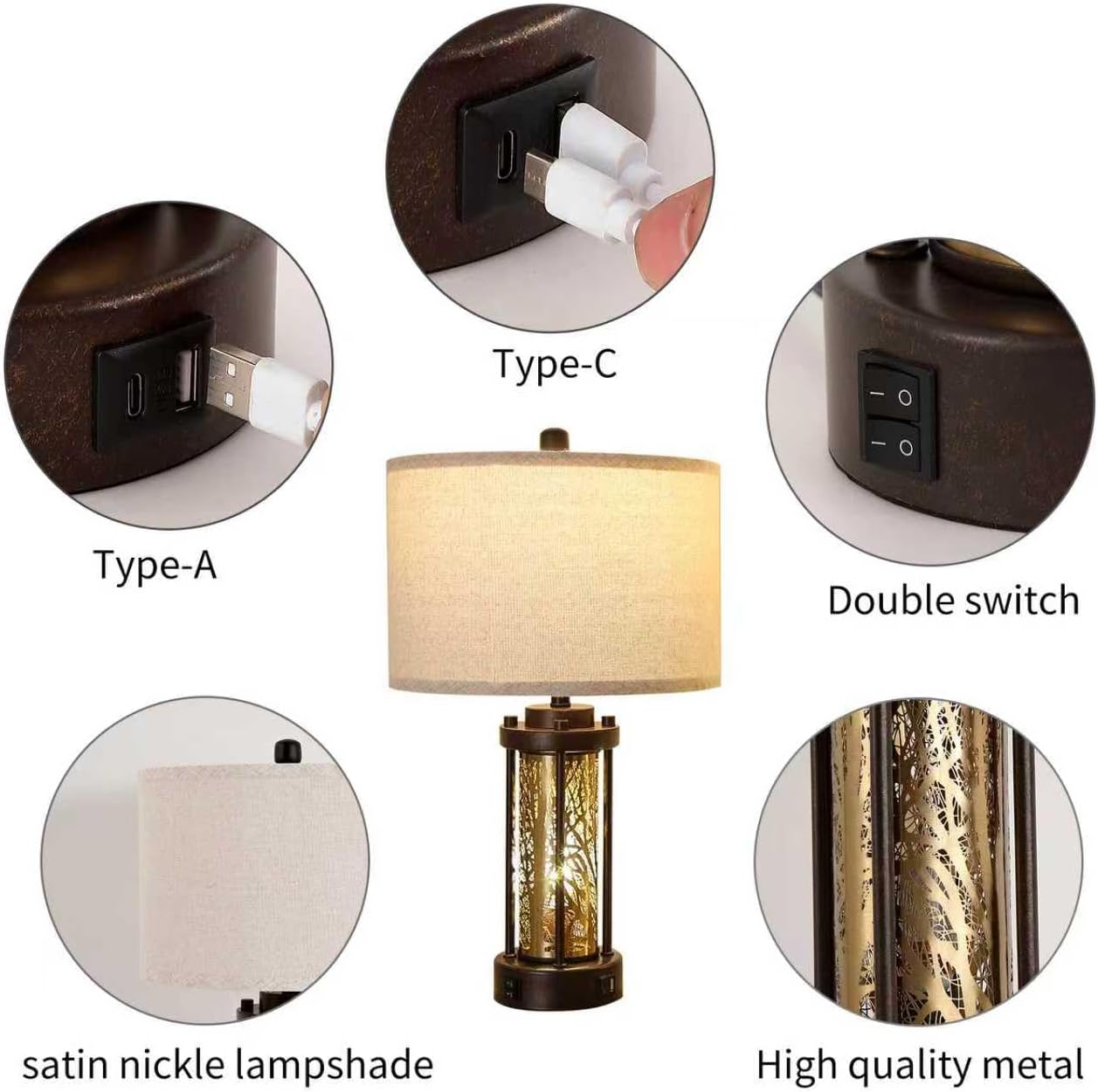 Set of 2 Gold and Bronze Farmhouse Table Lamp,Vintage Bedside Lamp,Rustic Desk Lamp for Bedroom/Living Room/Entryway/Patio/Dining Table,with 2 USB Charging Ports,Bulbs Included,UL Listed