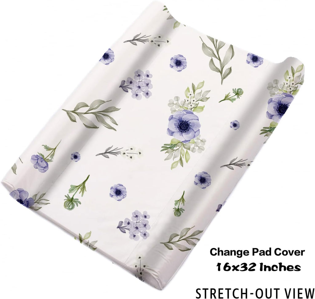 Personalized Baby Crib Bedding Set for Baby Girls, Purple Flower Pattern Elephant Theme Custom Name Baby Crib Sets 5-Pcs, Toddler Double Layer Blanket Fitted Sheets Changing Pad Cover Rug Wall Art Set