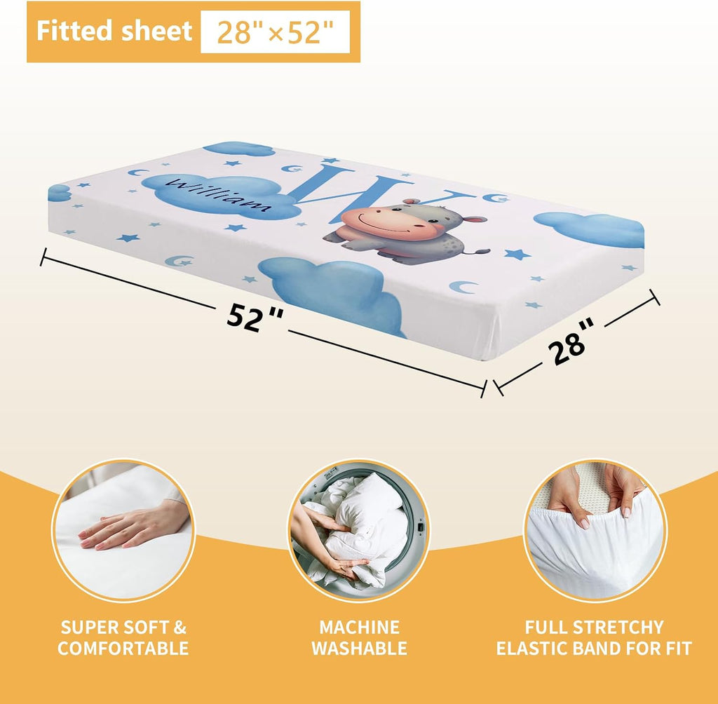Terwex Custom Crib Bedding Set, 5 Pcs Personalized Name Baby Crib Sets for Newborns Infants Toddlers, Blue Hippo Nursery Bedding Set for Boys Girls, Double Layer Baby Bedding Sets Customized Gifts