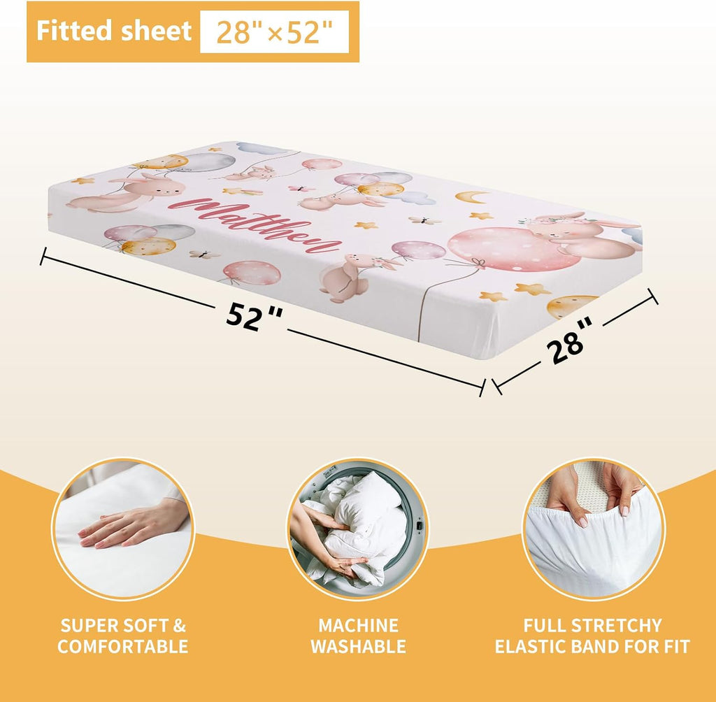 Terwex Personalized Baby Crib Bedding Set, 5 Pcs Custom Name Baby Crib Set with Double Layer Blanket, Soft Balloon Bunny Nursery Bedding Set for Girls Boys, Customized Gifts for Infants Toddlers