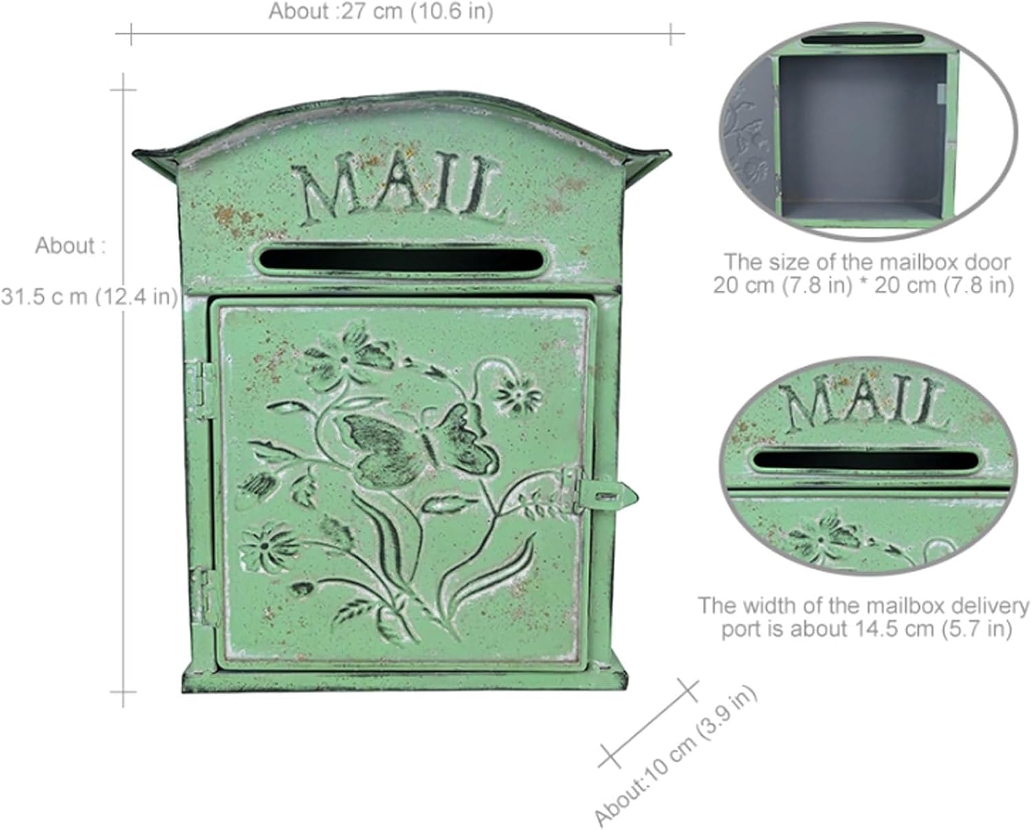 Mailbox Metal Wall Mount Drop Box Outdoor Letter Delivery Box Floral Pattern Post Office Box Curbside Mailbox Nostalgic Design(Blue)