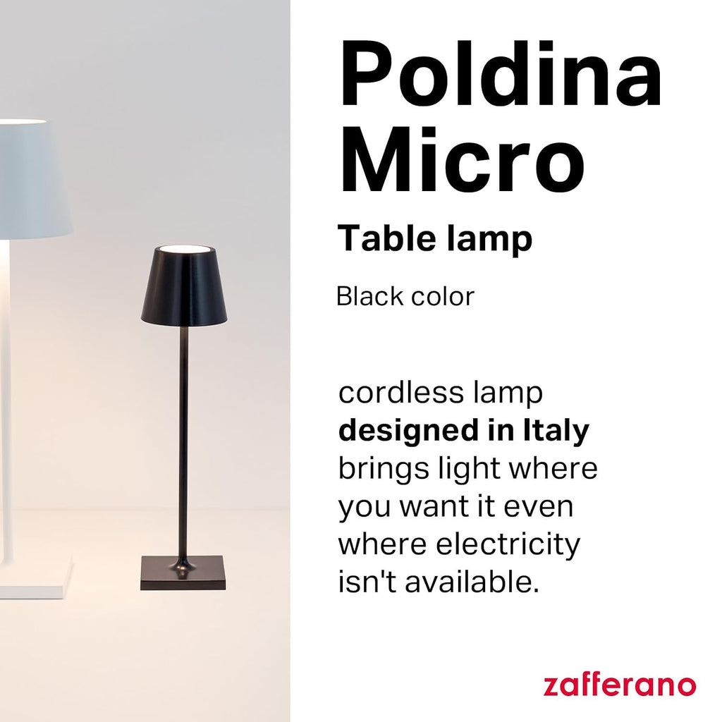 Zafferano, Poldina Micro Lamp, Rechargeable Cordless Table Lamp with Touch Controls, Suitable for Indoor and Outdoor, Dimmer, 2200-3000 K, Height 10.8 Inches, Black Color