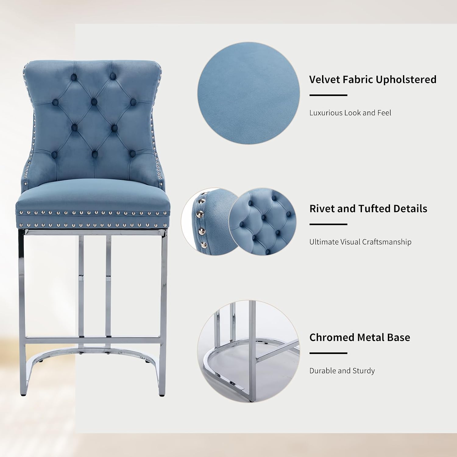 25' Counter Height Bar Stools Set of 6, Velvet Counter Stools for Kitchen Island, Tufted High Chair with Backs, Fabric Upholstered Modern Barstools for Pub Cafe, Chromed Metal Legs (Blue, 6Pcs)