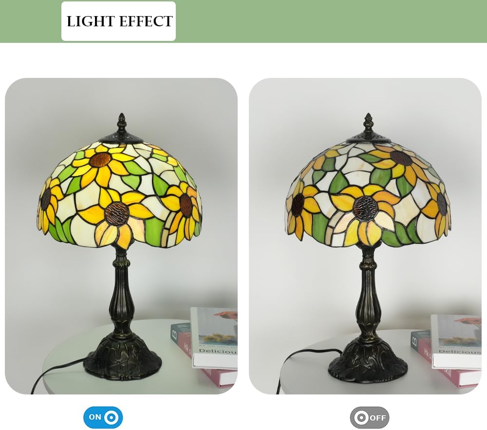 Sunflower Tiffany Style Table Lamp, Elegant Bedside Table Lamp with Stained Glass Shade, Reading Desk Light for Living Room Bedroom Yellow Finish