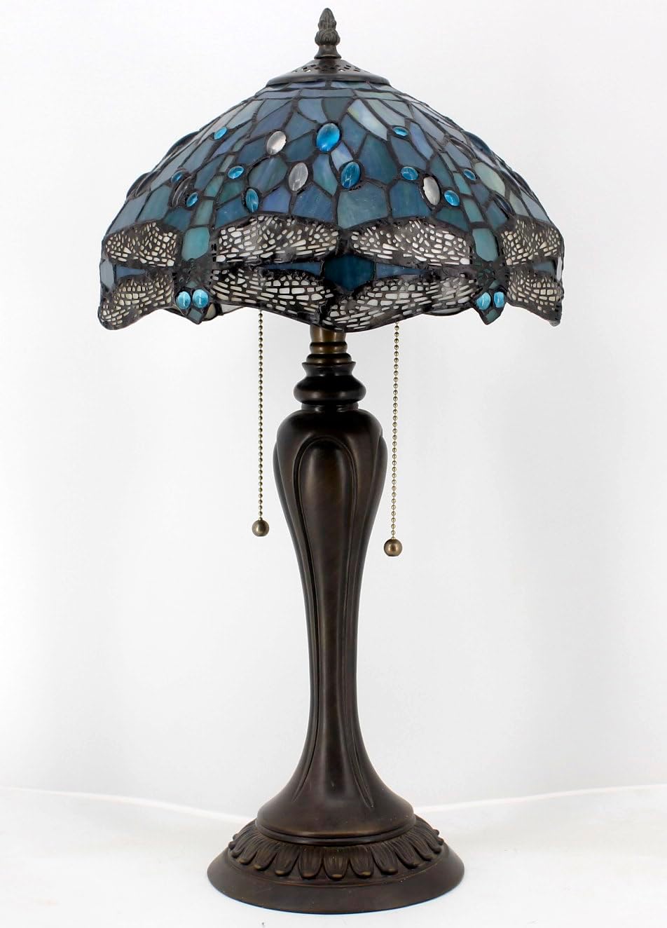 WERFACTORY Tiffany Table Lamp Sea Blue Stained Glass Dragonfly Style Bedside Lamp Desk Reading Light 12X12X22 Inches Decor Bedroom Living Room Home Office S147 Series