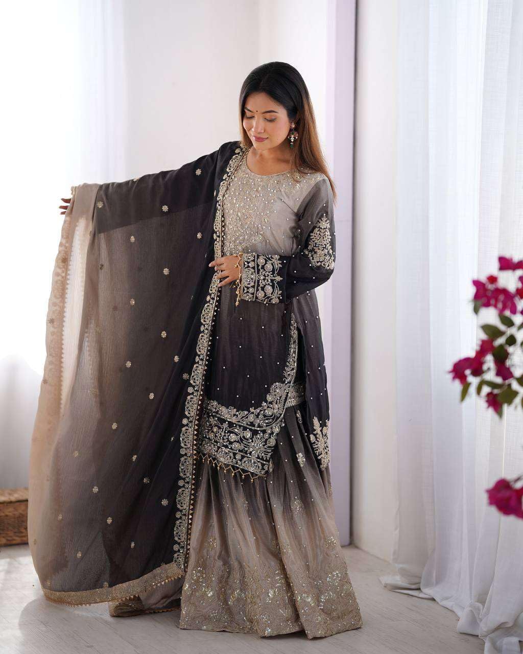 Flora Worlds Women's Chinon Silk Sequence With Rivet Moti Work Straight Kurta With Sharara and Dupatta Set