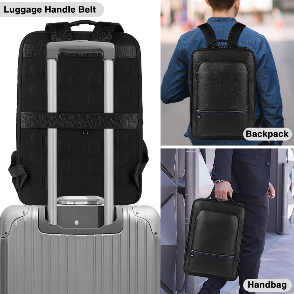 Full Grain Genuine Leather Backpack for Men Multi-Functional 15.6' Laptop Backpack with USB Charging, Black Business Travel Backpack Work Rucksack Daypack
