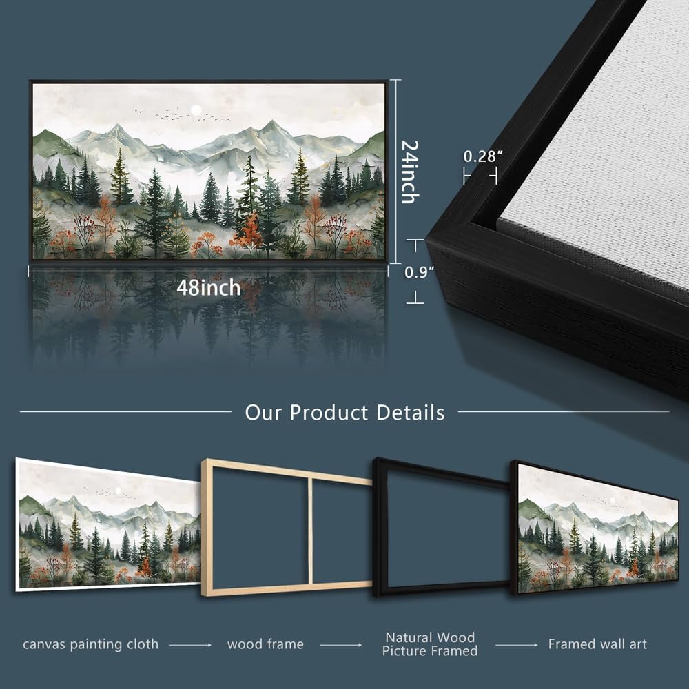 ZUITINGHUA Large Black Framed Wall Decor For Living Room Canvas Wall Art For Office Wall Decorations For Bedroom Forest Mountain Landscape Painting Modern Pictures Artwork Home Decor 24x48 In