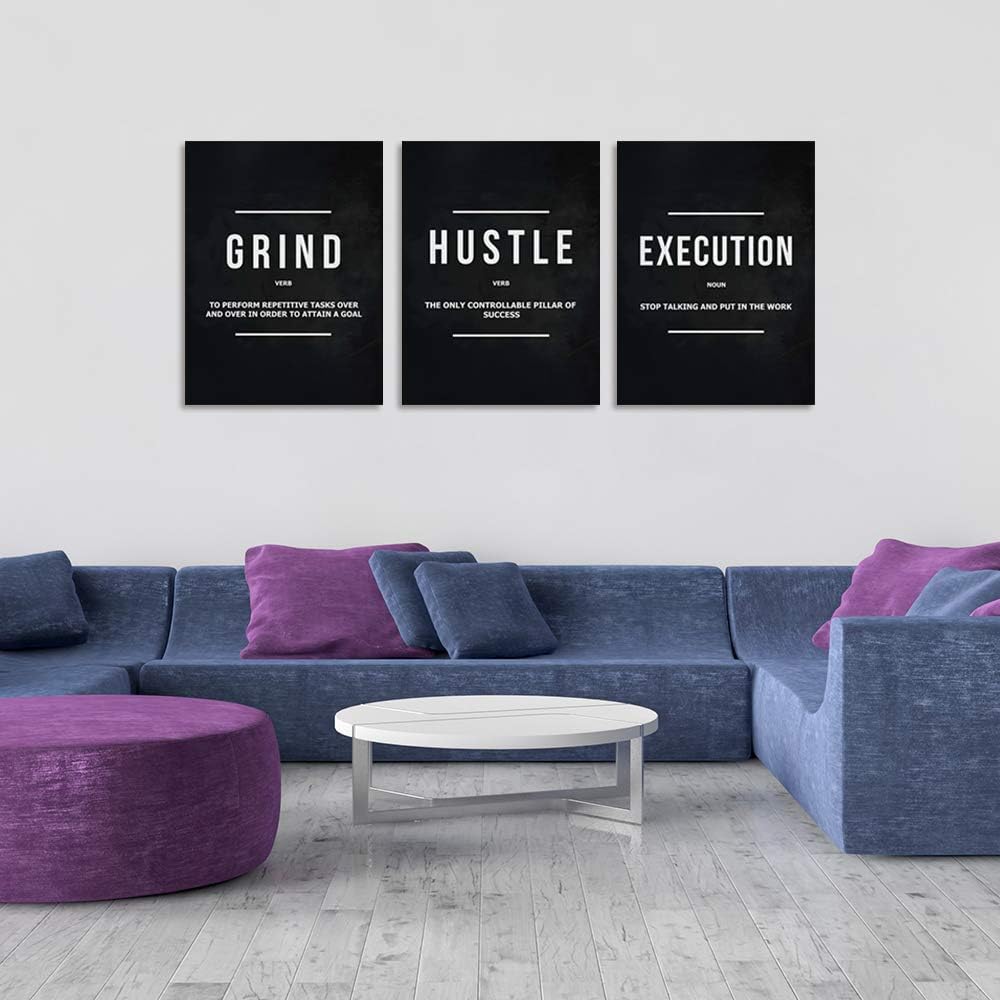 Motivational Office Wall Decor Inspirational Success Canvas Wall Art Hustle Posters Prints Entrepreneur Quote Wall Picture Paintings 3 Pieces Artwork Home Bedroom Framed Easy to Hang(72'Wx36'H)
