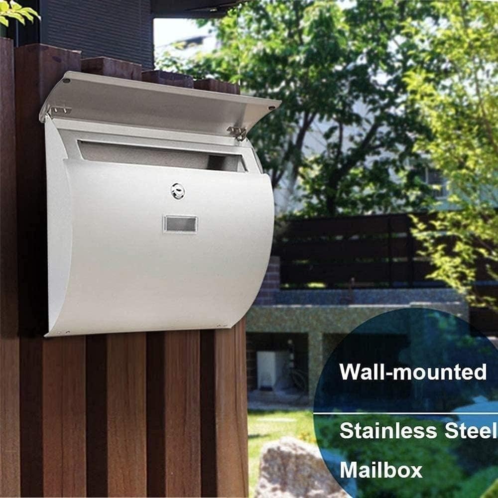 Generic Wall Mounted Steel Mail Box Lockable Stainless Steel Mailbox Outdoor Secure Post Box Letterbox Waterproof Mail Box with Key Lock Silver