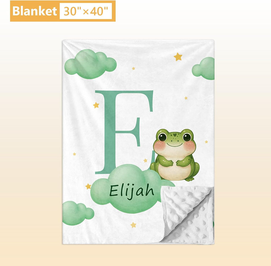 Terwex 5 Piece Customized Crib Bedding Set for Baby Boys - Custom Name Baby Crib Green Frog Nursery Bedding Set with Soft Blanket, Fitted Sheet, Rug, Personalized Gifts for Toddler, Newborn, Infant