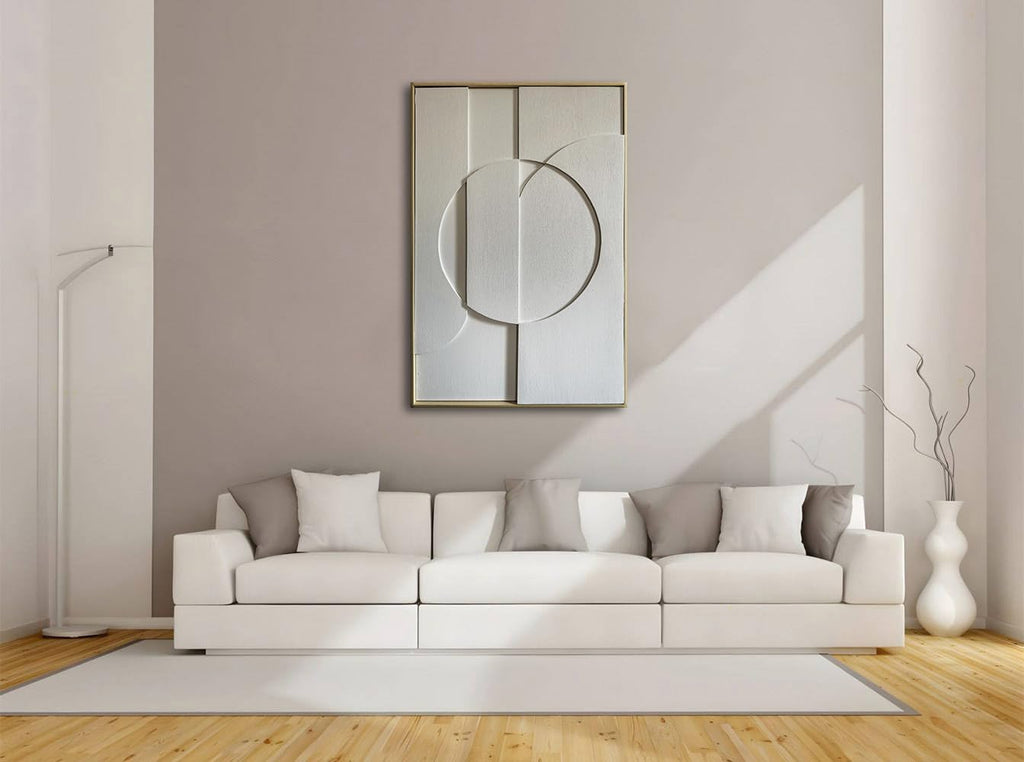 Slyart White Textured Wall Art, Handmade Abstract Plaster Wall Art Framed Artwork, 3D Minimalist White Relief Verical Painting