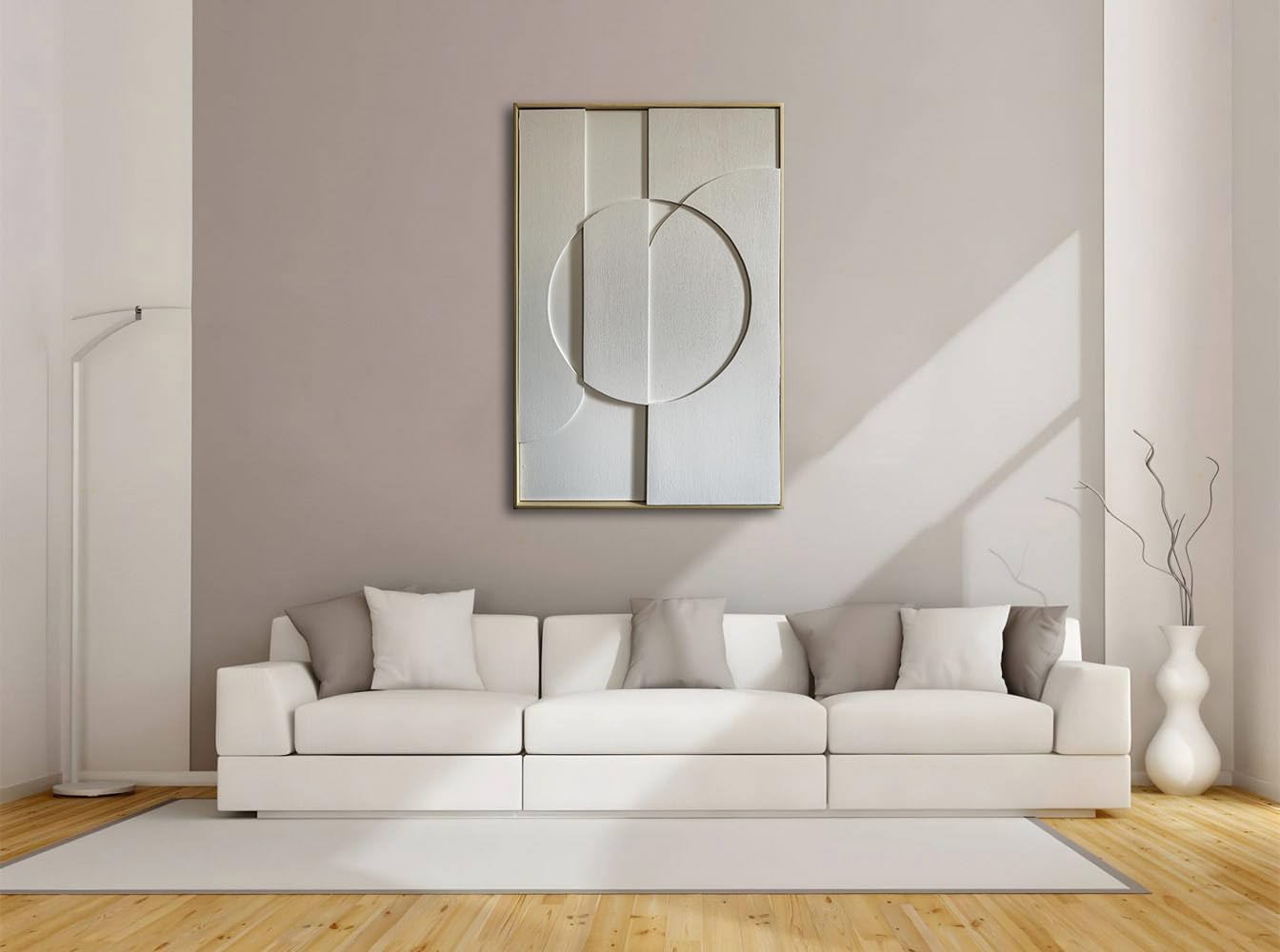 Slyart White Textured Wall Art, Handmade Abstract Plaster Wall Art Framed Artwork, 3D Minimalist White Relief Verical Painting