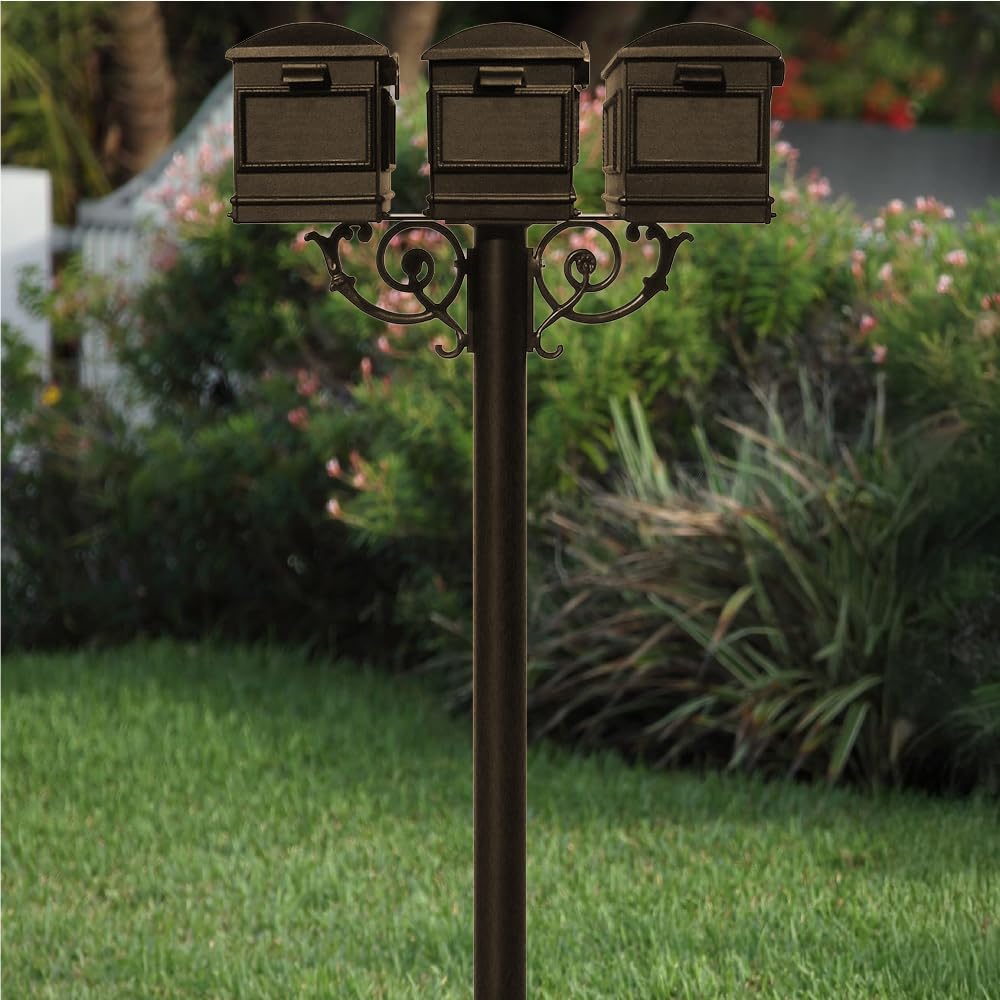 HPWS3-000-LM-BRZ The Hanford Rust Free Cast Aluminum Triple Mailbox Post System, 3 Lewiston Mailboxes, Ships in 2 Boxes, Bronze