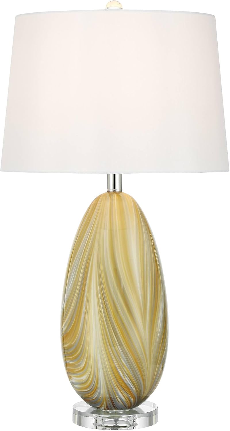 Possini Euro Design Pablo 27' Tall Modern 3-Way Table Lamp Yellow Vortex Finish Art Glass Single Fabric White Shade Living Room Bedroom Bedside Nightstand House Office Home Reading Kitchen Entryway