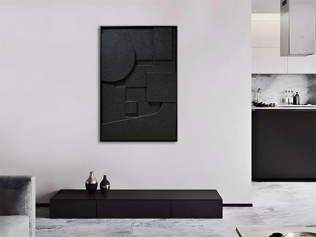 Slyart Black Textured Wall Art, Handmade Contemporary Art 3D Abstract Relief Painting, Framed Thick Texture Vertical Wall Art 24x36 Inch
