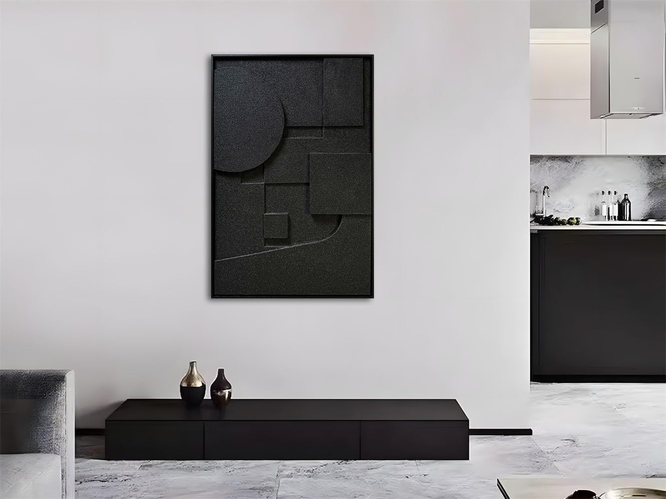 Slyart Black Textured Wall Art, Handmade Contemporary Art 3D Abstract Relief Painting, Framed Thick Texture Vertical Wall Art 24x36 Inch