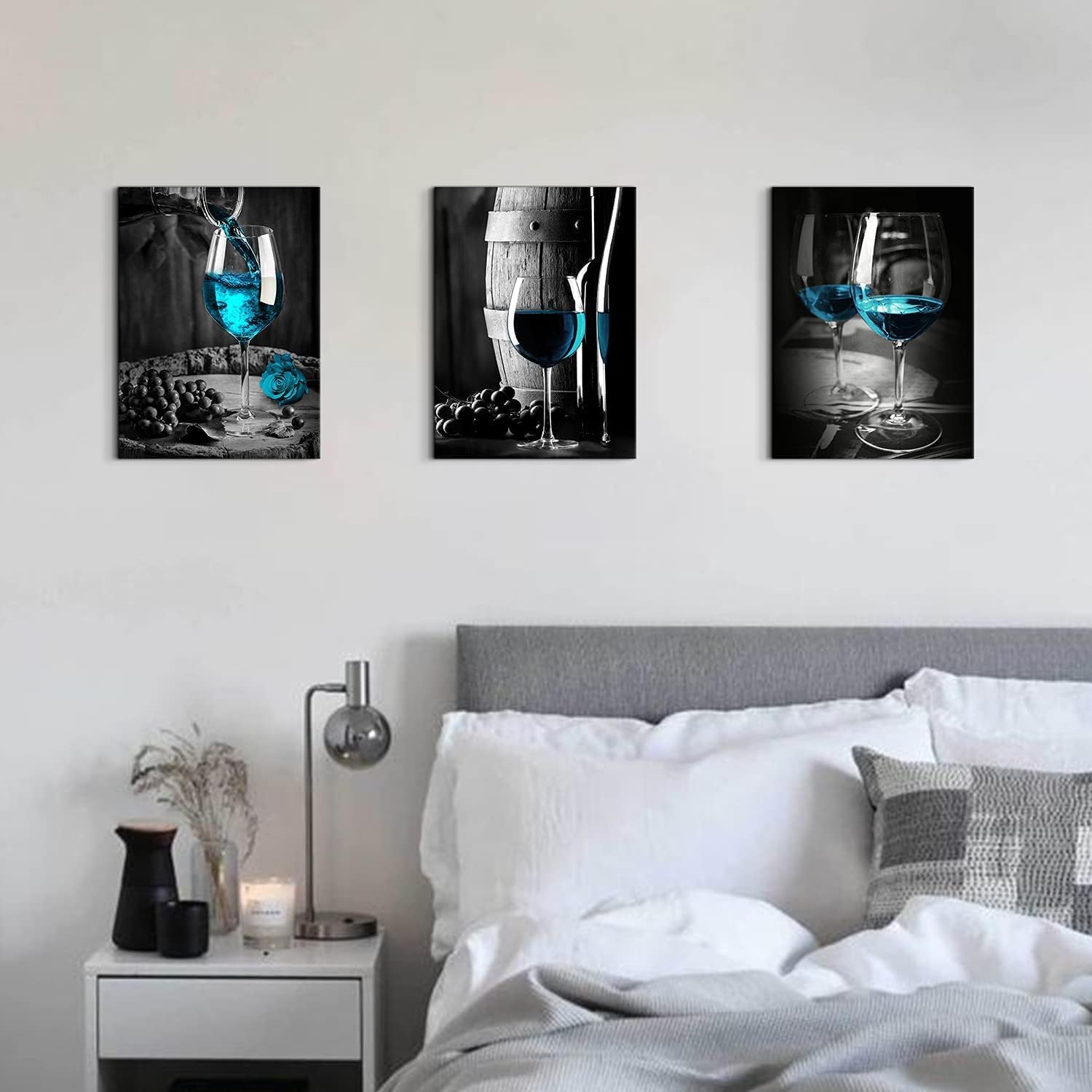 Teal Wine Dining Room Wall Decor Black and Blue Pictures Wall Art for Living Room Glass Goblet Canvas Paintings Home Decorations 16x24 Contemporary Turquoise Kitchen Bedroom Prints Posters 3 Pieces