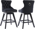 Black Bar Stools Set of 2, Modern Swivel Velvet Counter Height Barstools, Upholstered Kitchen Island Chairs with Button Tufted Back, Rivet Trim, Solid Wood Legs, 26' H Seat, Black
